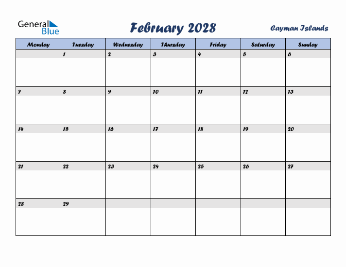 February 2028 Calendar with Holidays in Cayman Islands