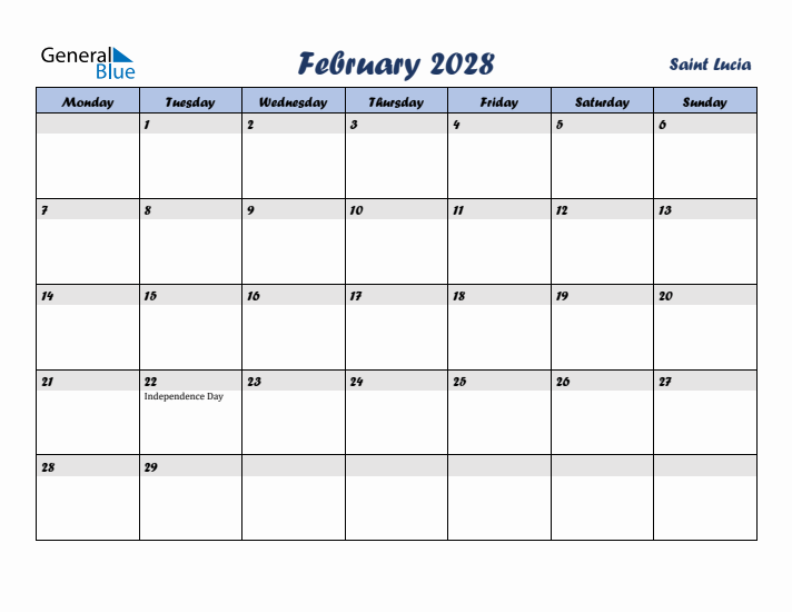February 2028 Calendar with Holidays in Saint Lucia
