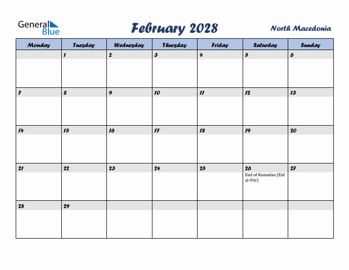 February 2028 Calendar with Holidays in North Macedonia