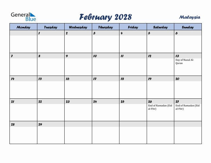 February 2028 Calendar with Holidays in Malaysia