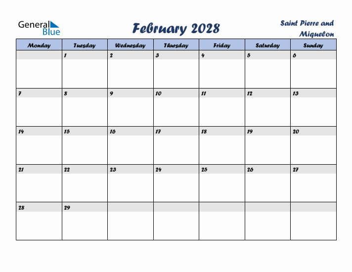 February 2028 Calendar with Holidays in Saint Pierre and Miquelon