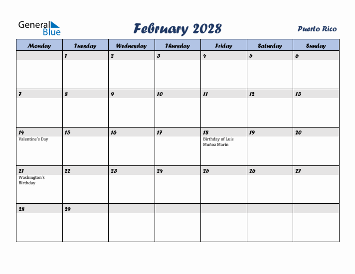 February 2028 Calendar with Holidays in Puerto Rico