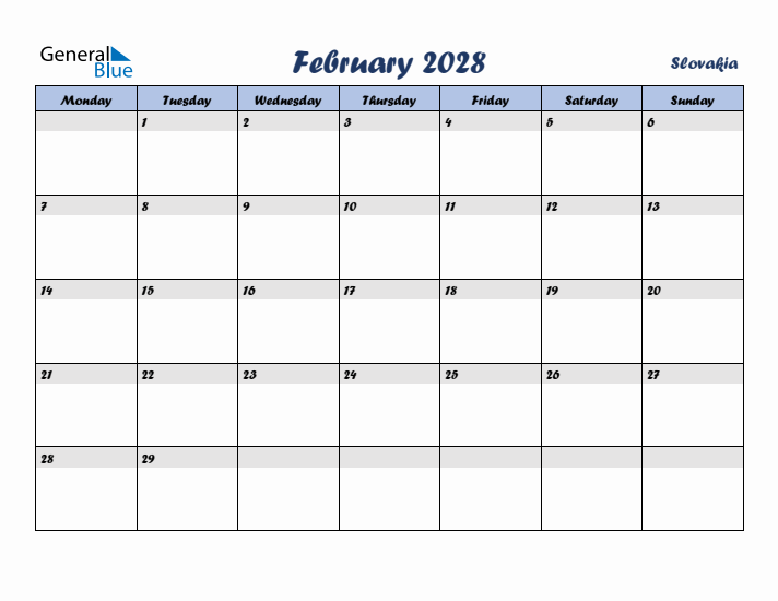 February 2028 Calendar with Holidays in Slovakia