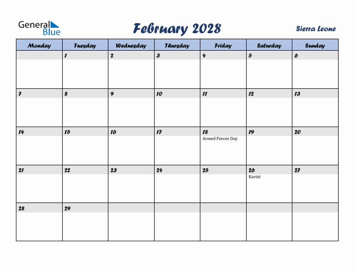 February 2028 Calendar with Holidays in Sierra Leone