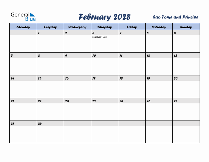 February 2028 Calendar with Holidays in Sao Tome and Principe