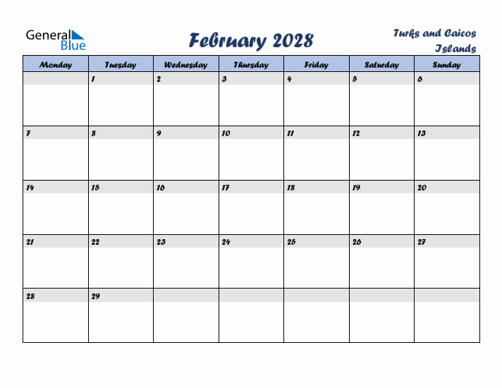 February 2028 Calendar with Holidays in Turks and Caicos Islands