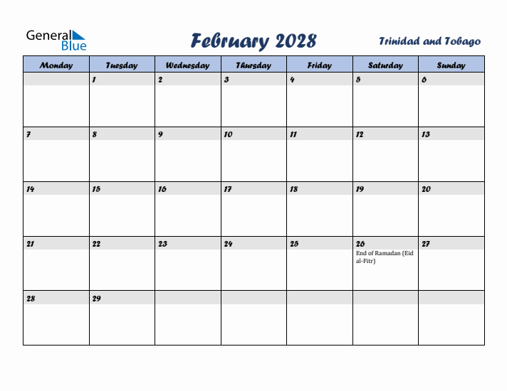 February 2028 Calendar with Holidays in Trinidad and Tobago