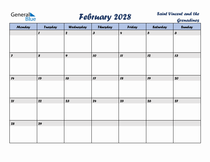February 2028 Calendar with Holidays in Saint Vincent and the Grenadines