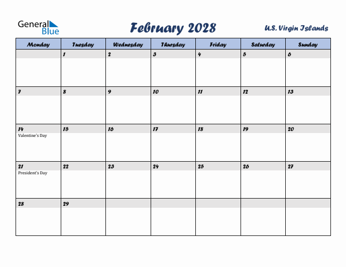 February 2028 Calendar with Holidays in U.S. Virgin Islands