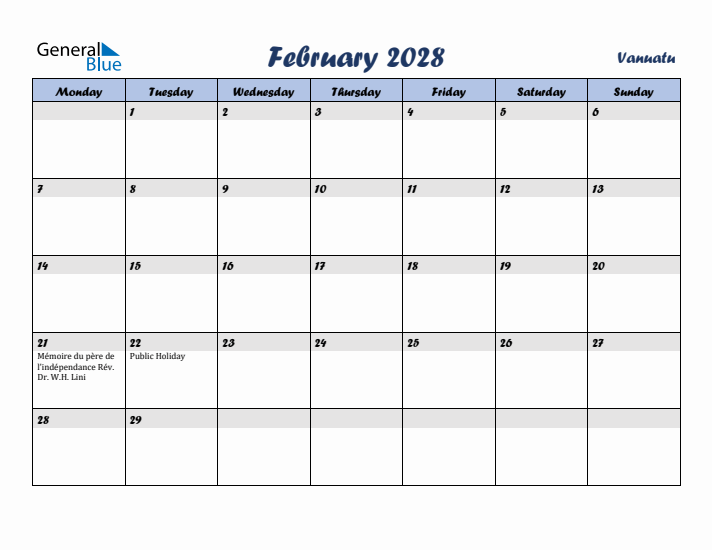 February 2028 Calendar with Holidays in Vanuatu