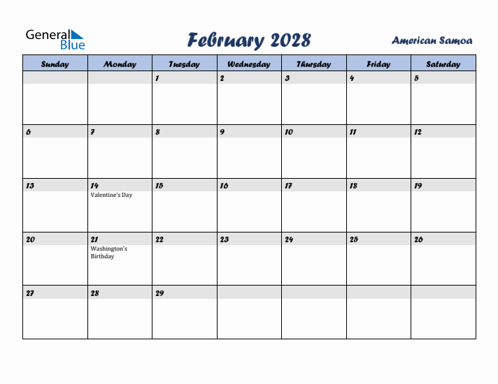 February 2028 Calendar with Holidays in American Samoa