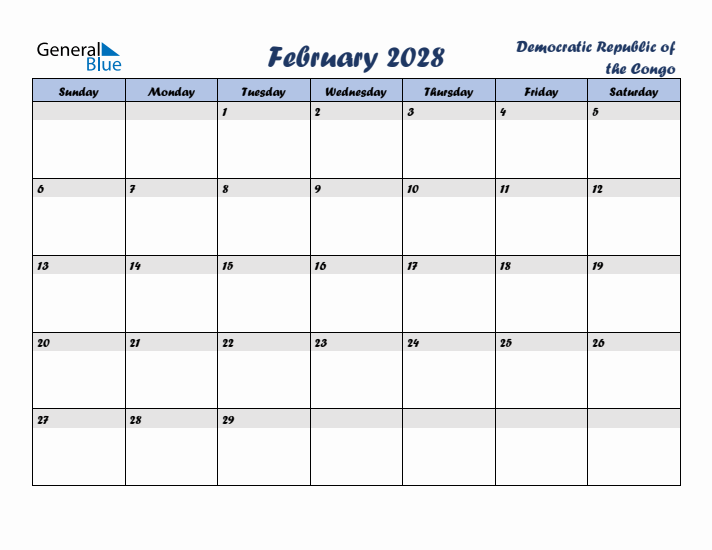 February 2028 Calendar with Holidays in Democratic Republic of the Congo