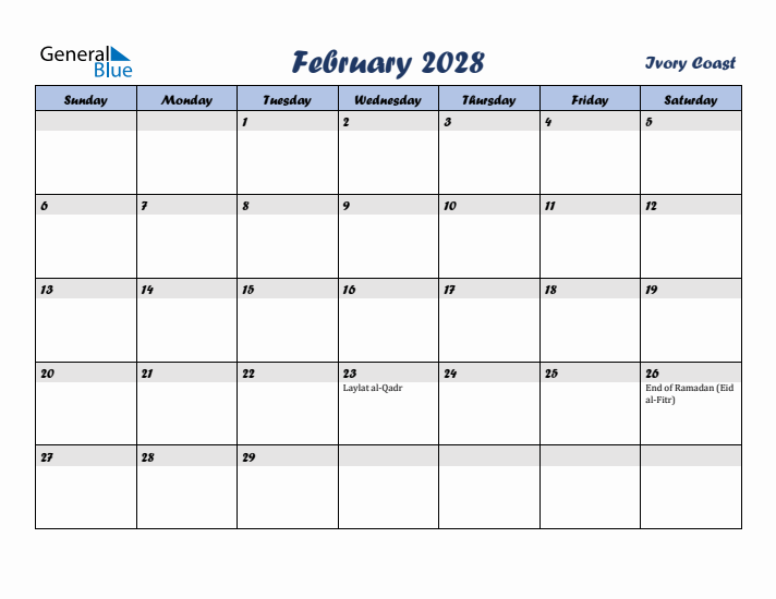 February 2028 Calendar with Holidays in Ivory Coast
