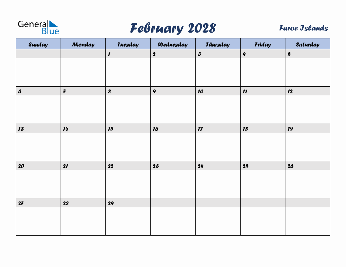 February 2028 Monthly Calendar Template with Holidays for Faroe Islands