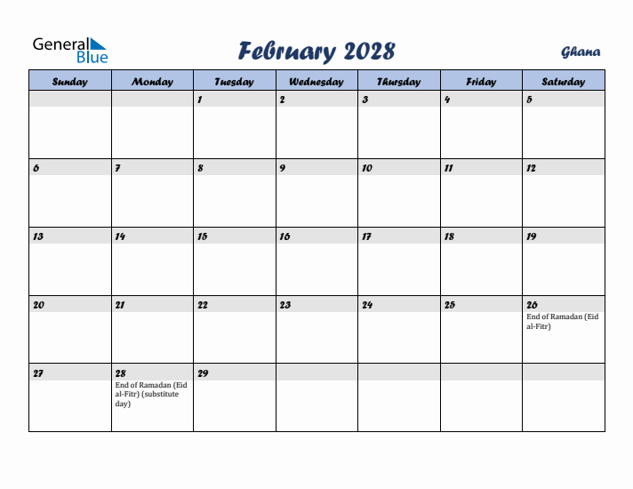 February 2028 Calendar with Holidays in Ghana