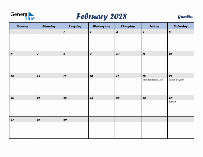 February 2028 Calendar with Holidays in Gambia