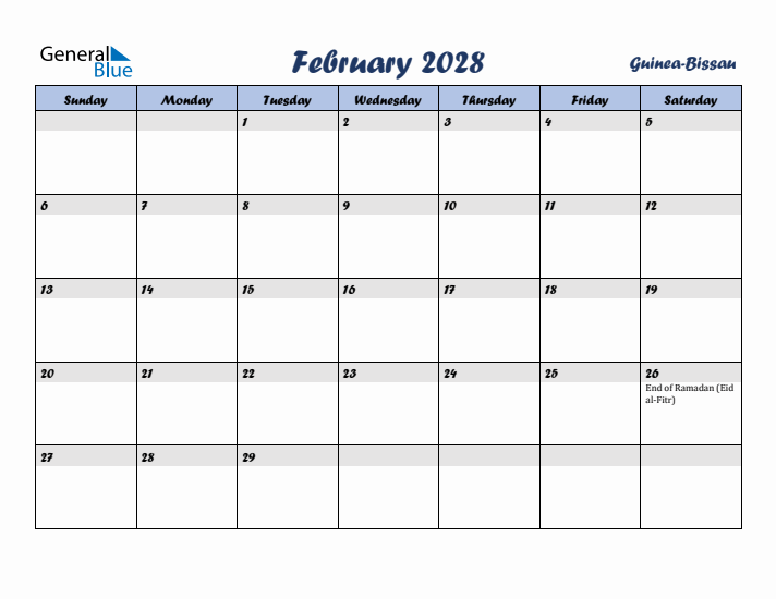 February 2028 Calendar with Holidays in Guinea-Bissau