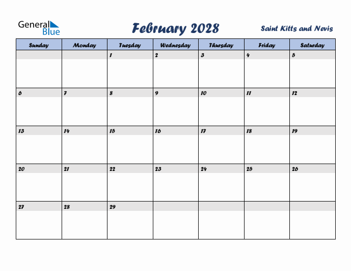 February 2028 Calendar with Holidays in Saint Kitts and Nevis