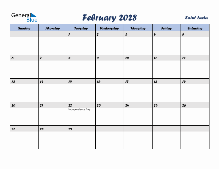 February 2028 Calendar with Holidays in Saint Lucia