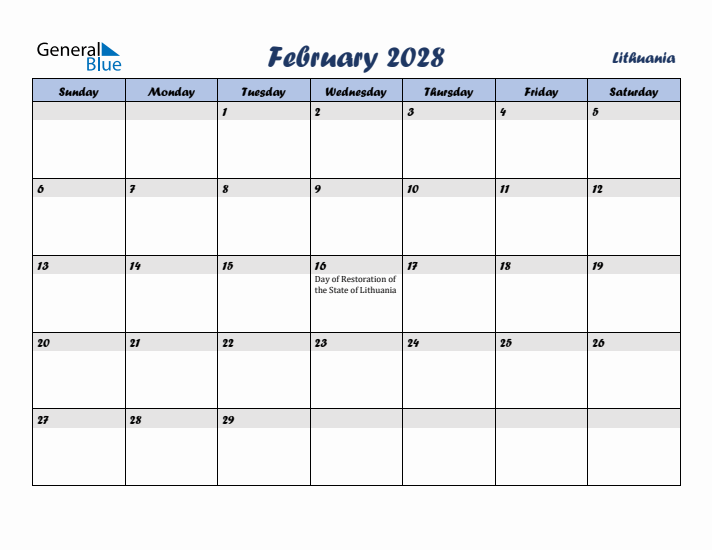 February 2028 Calendar with Holidays in Lithuania