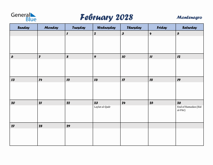 February 2028 Calendar with Holidays in Montenegro