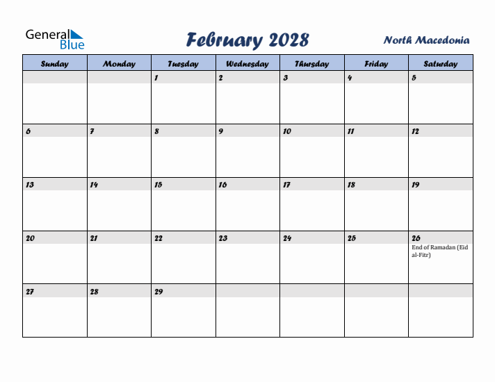 February 2028 Calendar with Holidays in North Macedonia