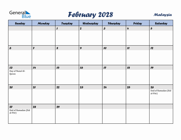 February 2028 Calendar with Holidays in Malaysia