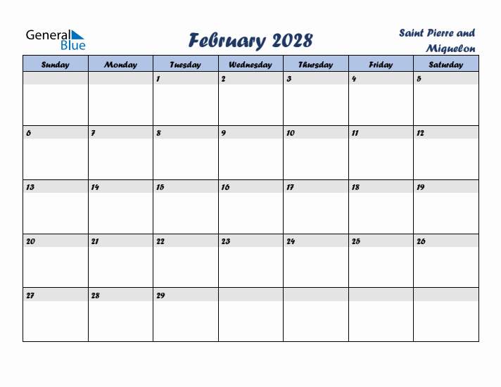 February 2028 Calendar with Holidays in Saint Pierre and Miquelon