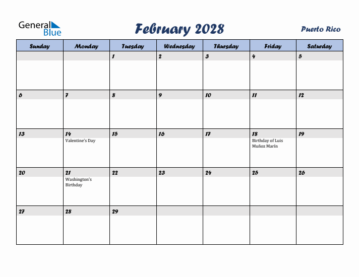 February 2028 Calendar with Holidays in Puerto Rico