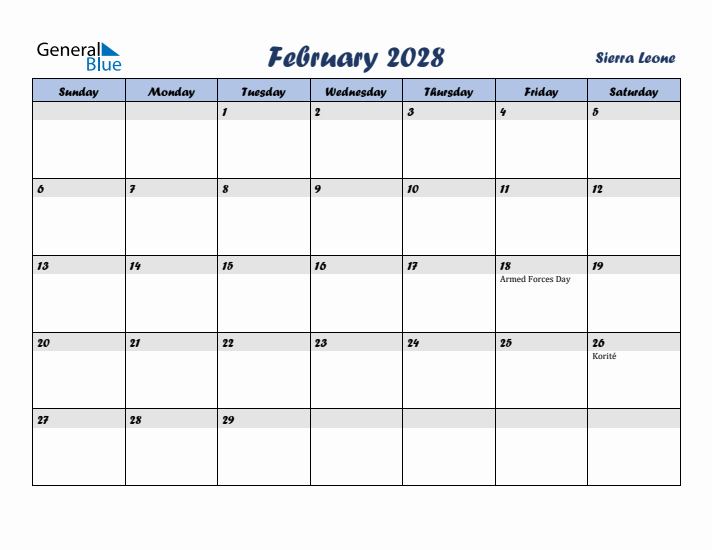 February 2028 Calendar with Holidays in Sierra Leone