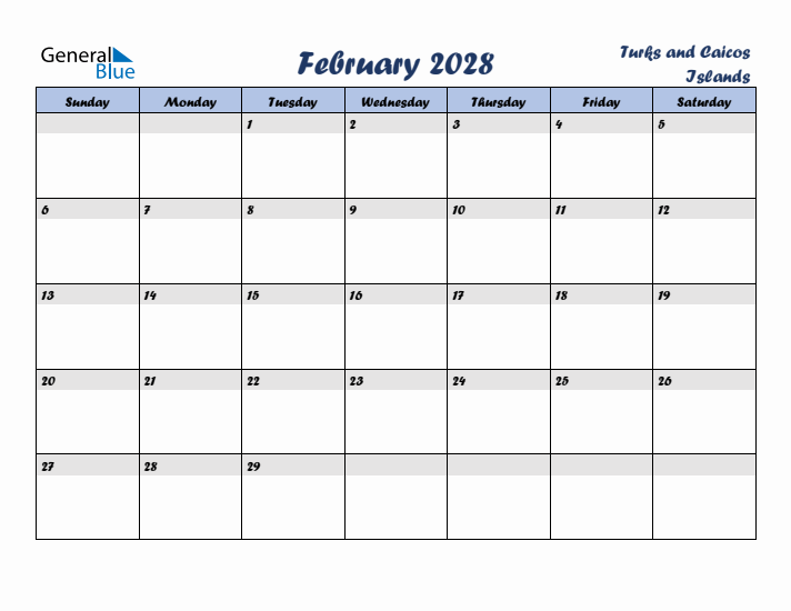 February 2028 Calendar with Holidays in Turks and Caicos Islands