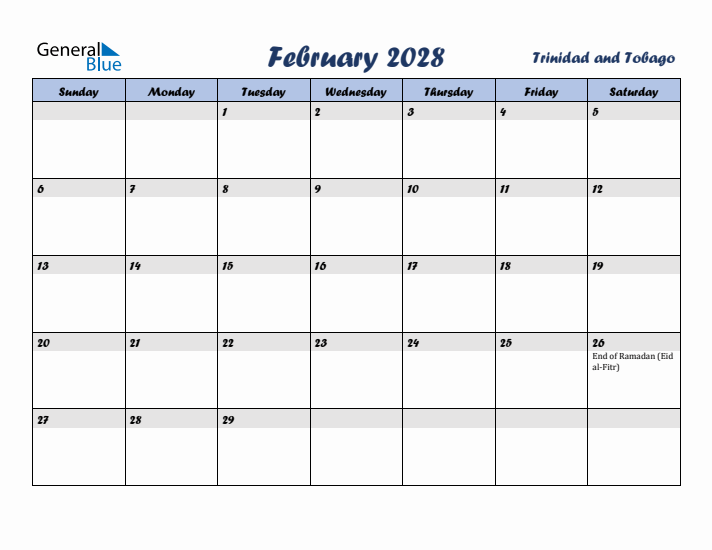 February 2028 Calendar with Holidays in Trinidad and Tobago
