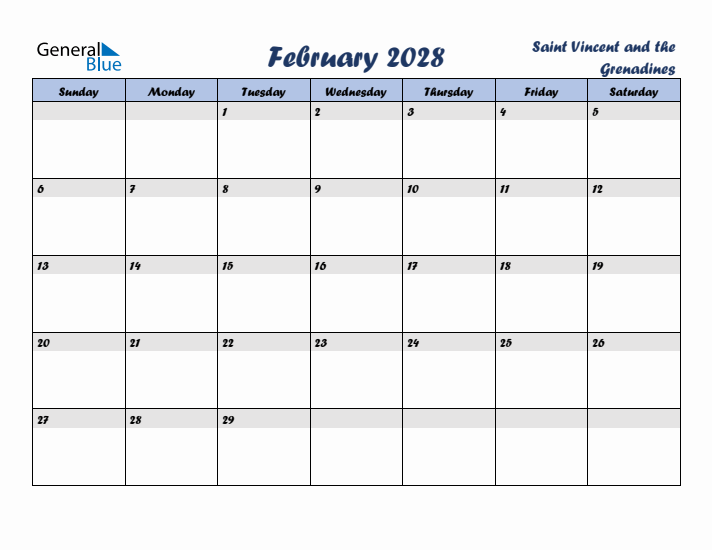 February 2028 Calendar with Holidays in Saint Vincent and the Grenadines