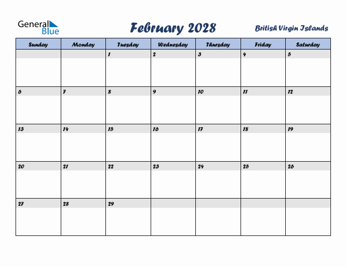 February 2028 Calendar with Holidays in British Virgin Islands