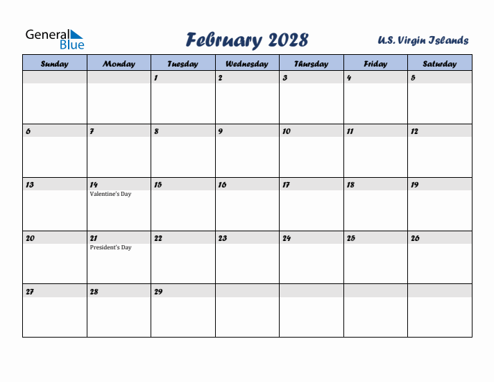 February 2028 Calendar with Holidays in U.S. Virgin Islands