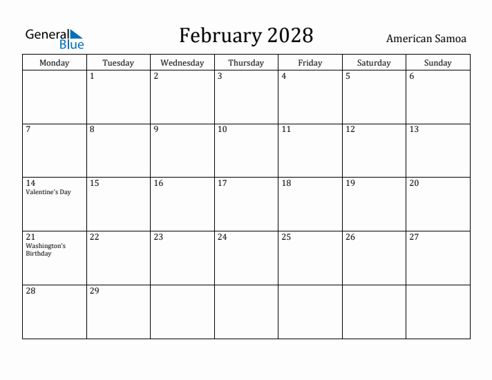 February 2028 Calendar American Samoa
