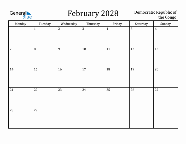 February 2028 Calendar Democratic Republic of the Congo