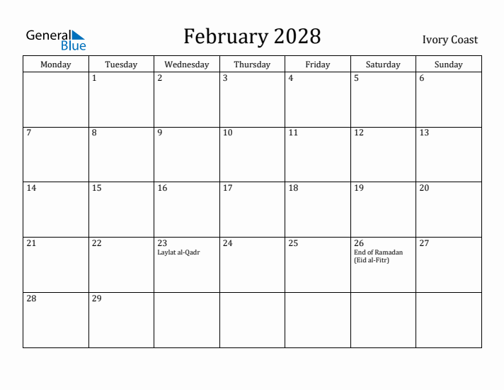 February 2028 Calendar Ivory Coast