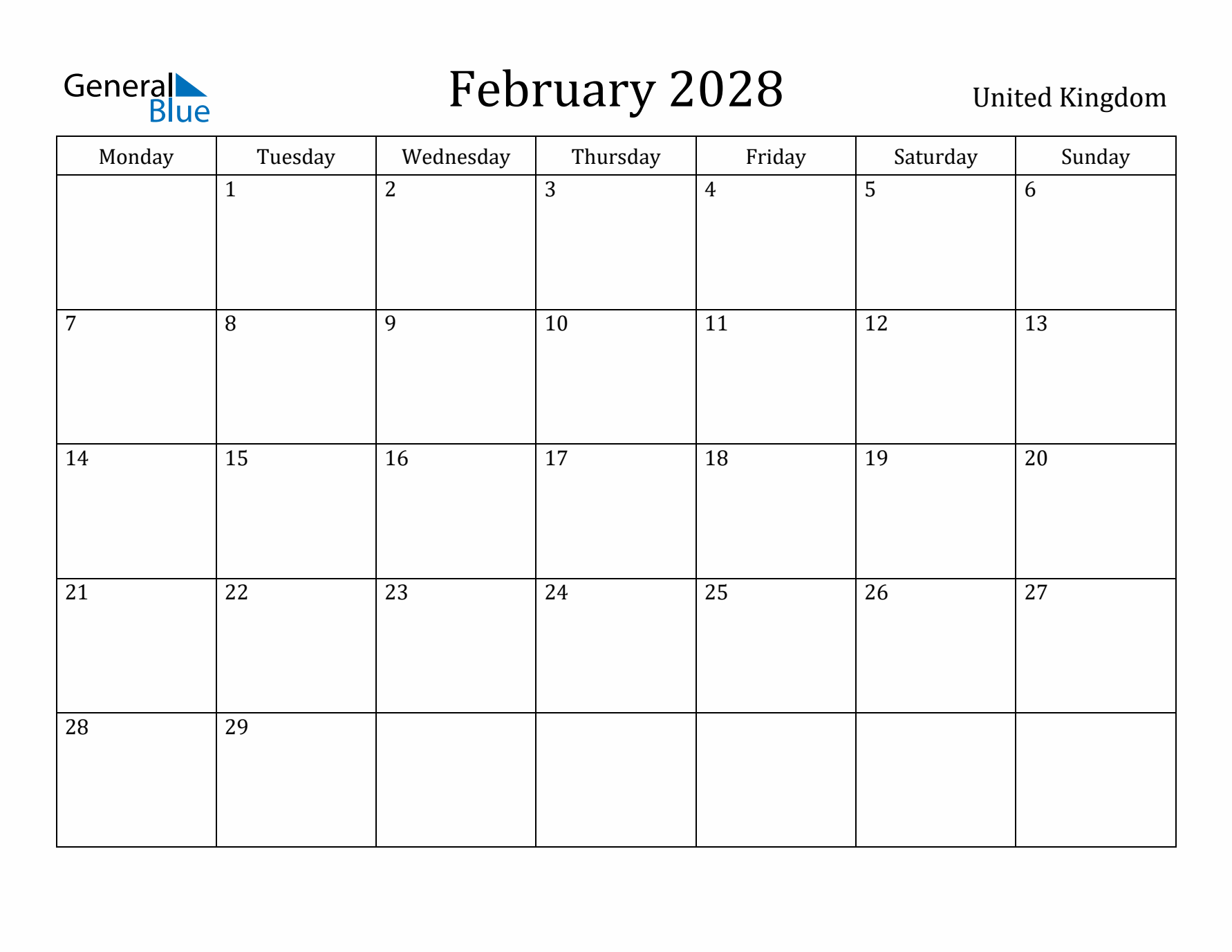 February 2028 Calendar United Kingdom