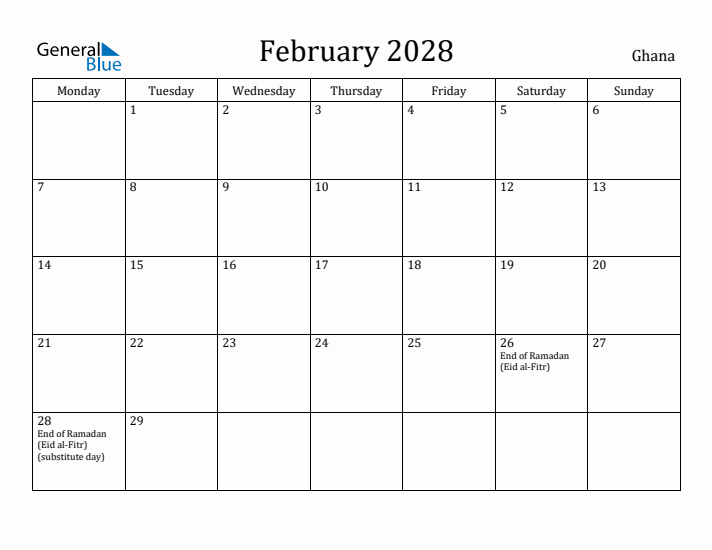 February 2028 Calendar Ghana