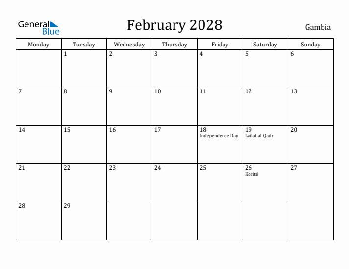 February 2028 Calendar Gambia