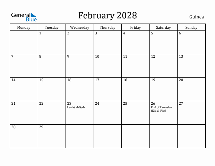 February 2028 Calendar Guinea
