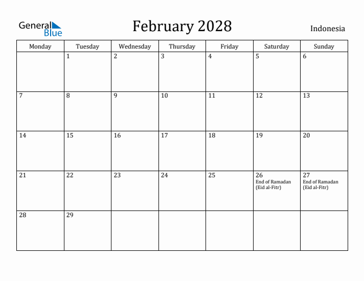 February 2028 Calendar Indonesia