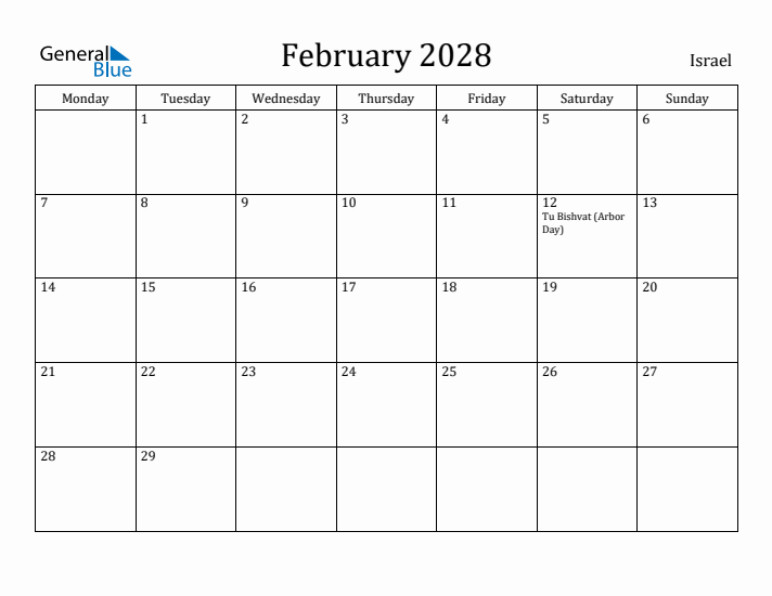 February 2028 Calendar Israel