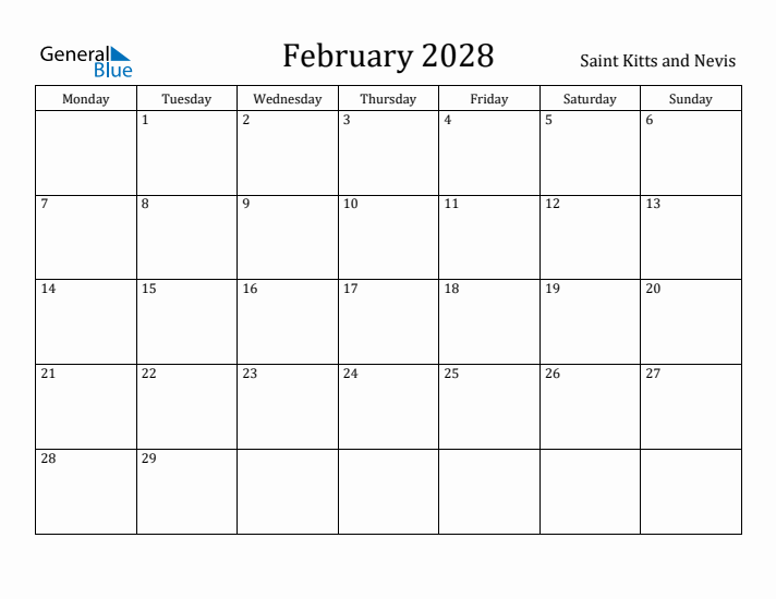 February 2028 Calendar Saint Kitts and Nevis