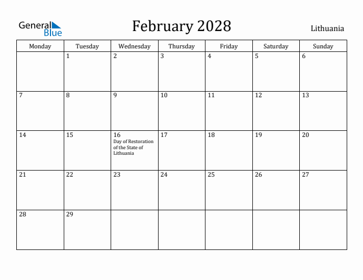 February 2028 Calendar Lithuania