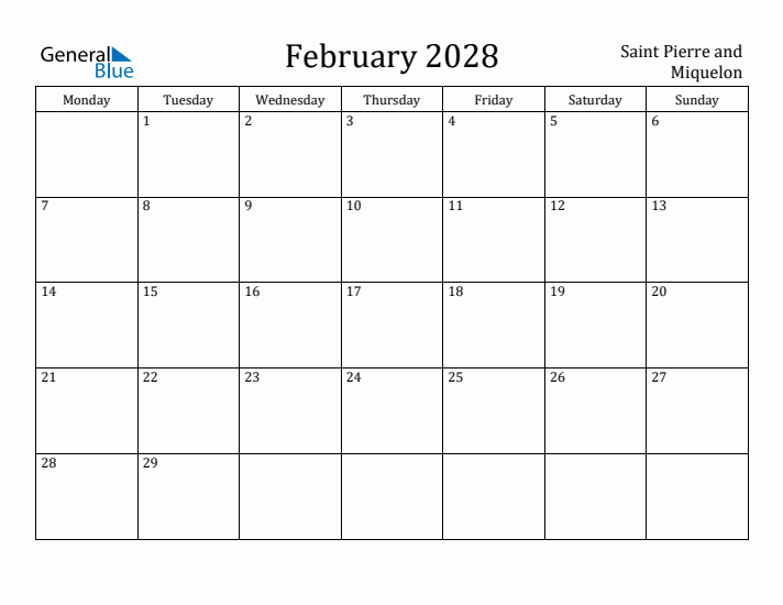 February 2028 Calendar Saint Pierre and Miquelon