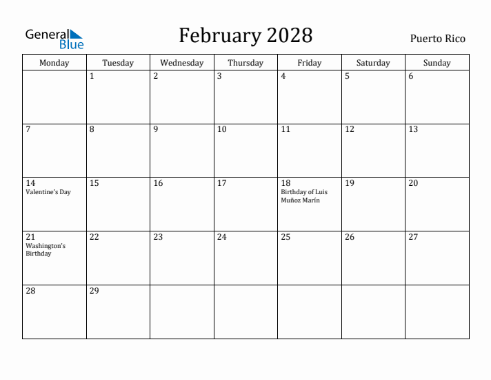 February 2028 Calendar Puerto Rico