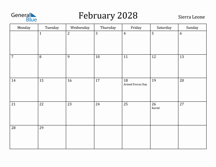 February 2028 Calendar Sierra Leone