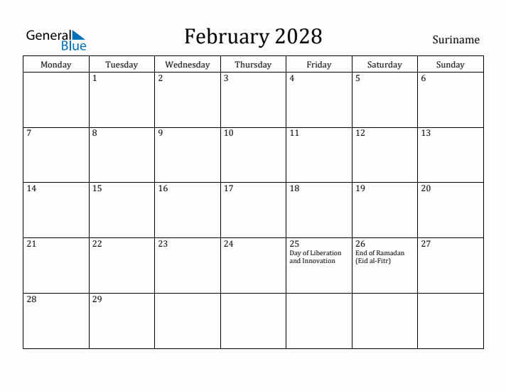 February 2028 Calendar Suriname